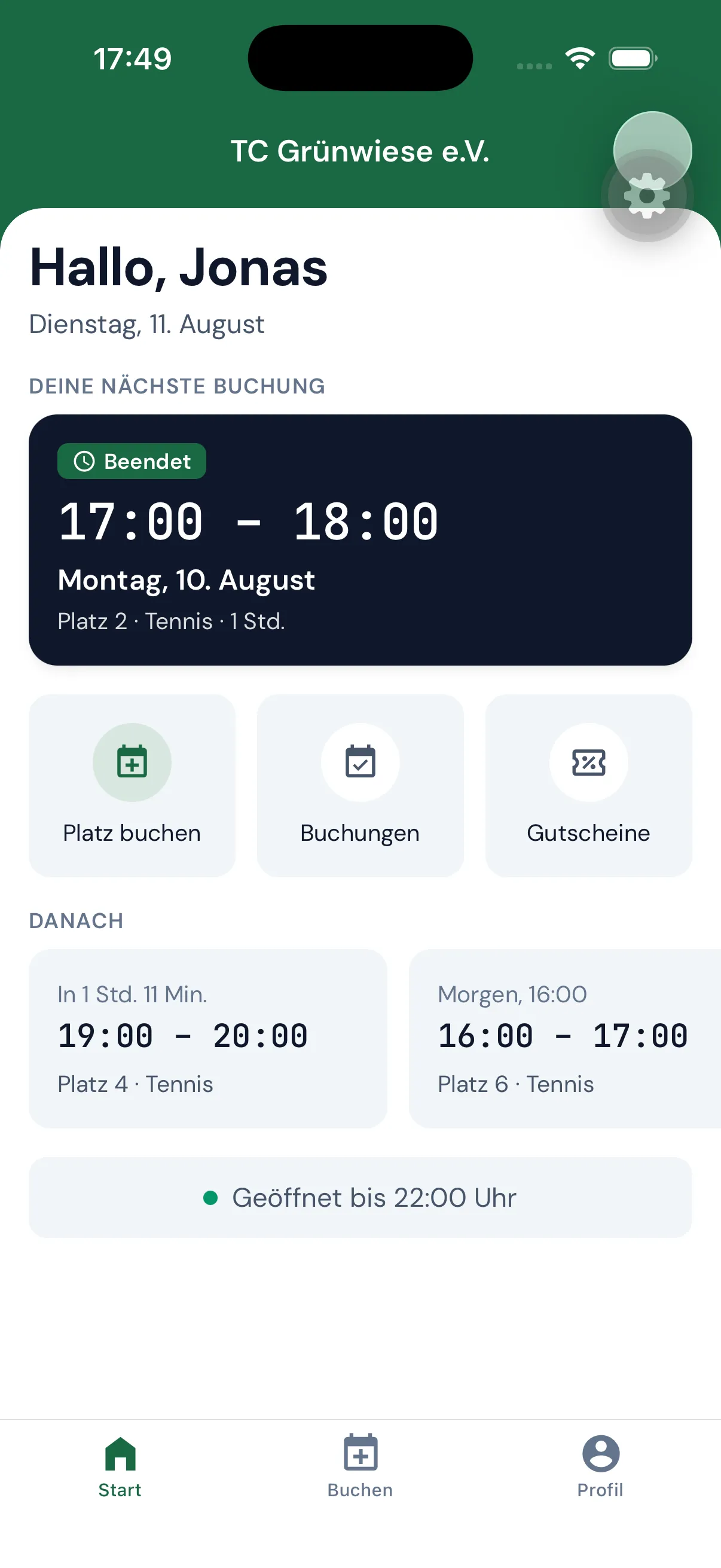 MYC-App mit der nächsten Buchung eines Mitglieds