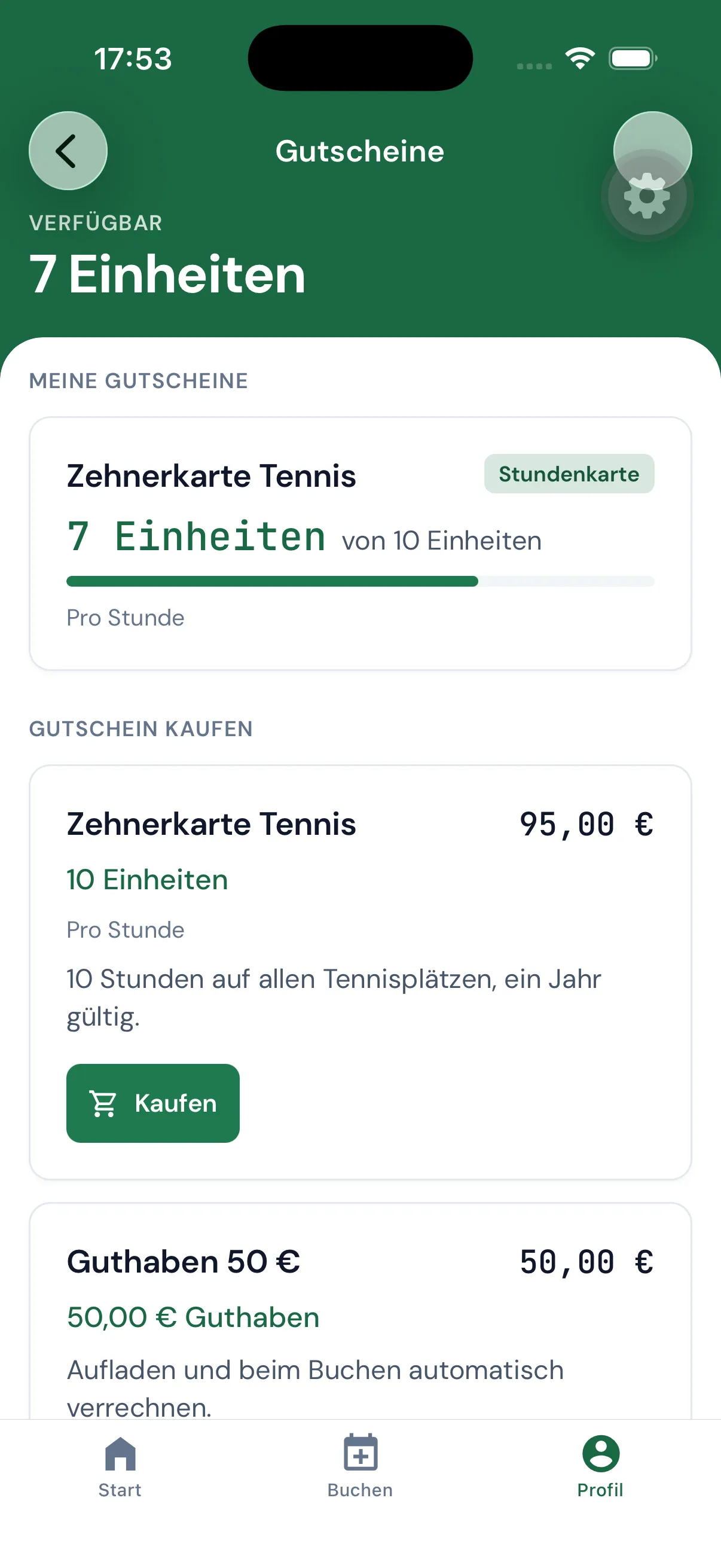 Zehnerkarte in der App mit sieben verbleibenden Einheiten
