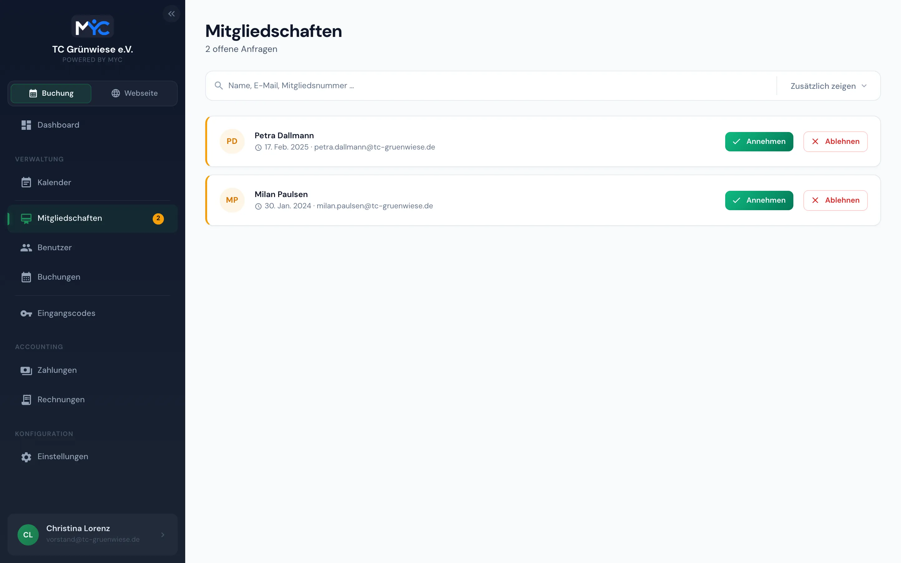 Mitgliederliste im MYC-Manager mit Adressen, Kontaktdaten und Rollen