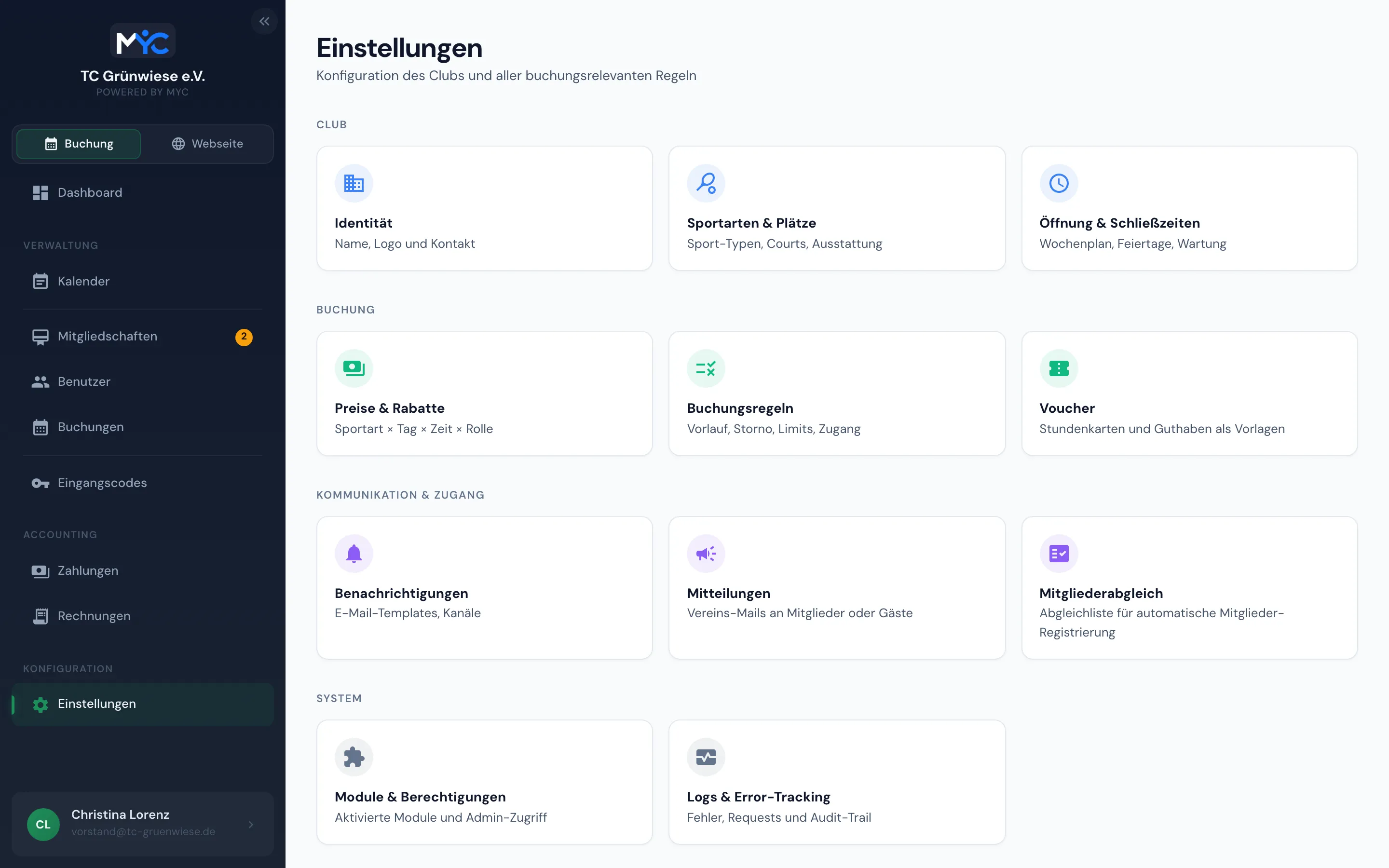 Einstellungen im MYC-Manager mit allen Konfigurationsbereichen