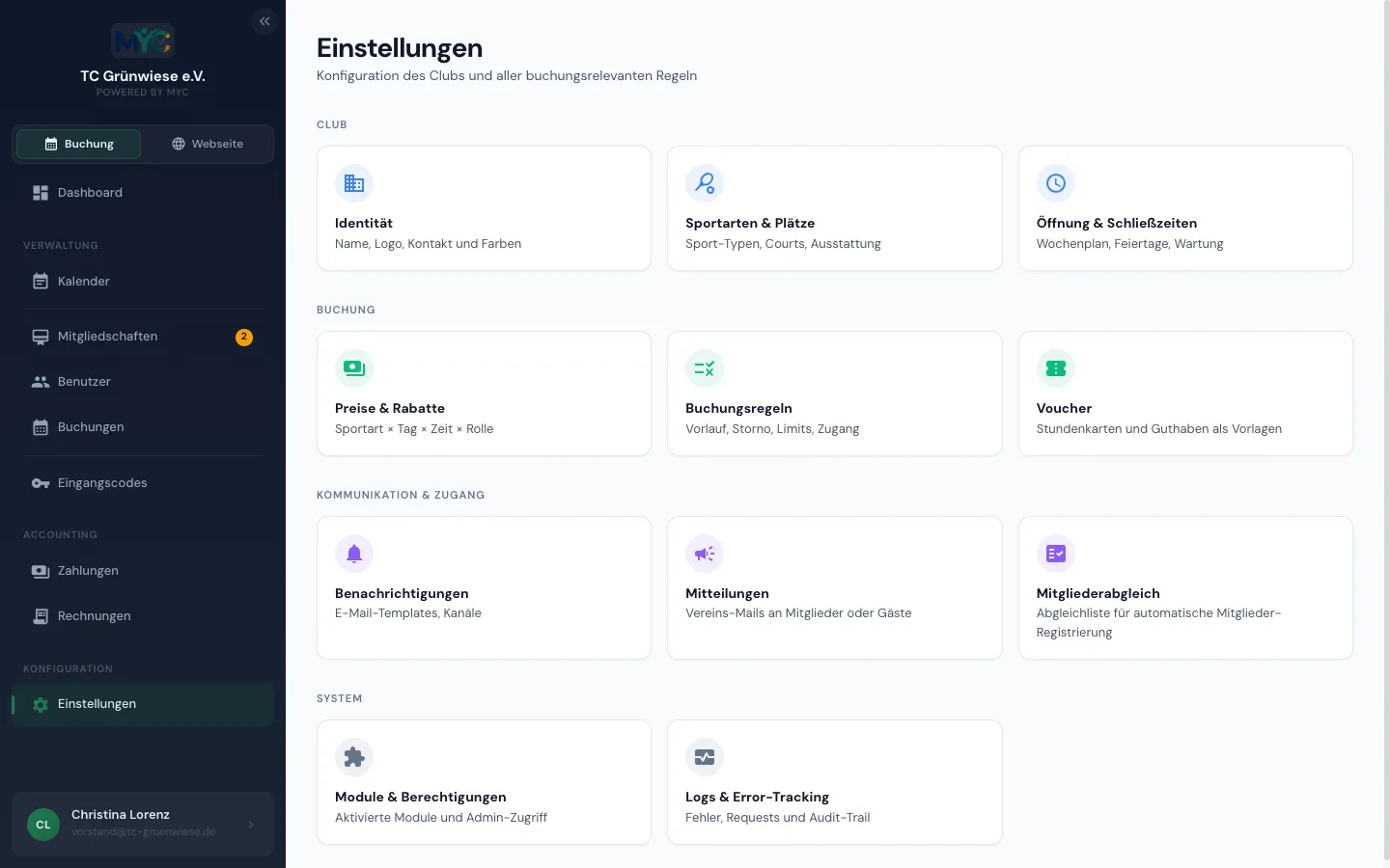 Einstellungen im MYC-Manager mit allen Konfigurationsbereichen