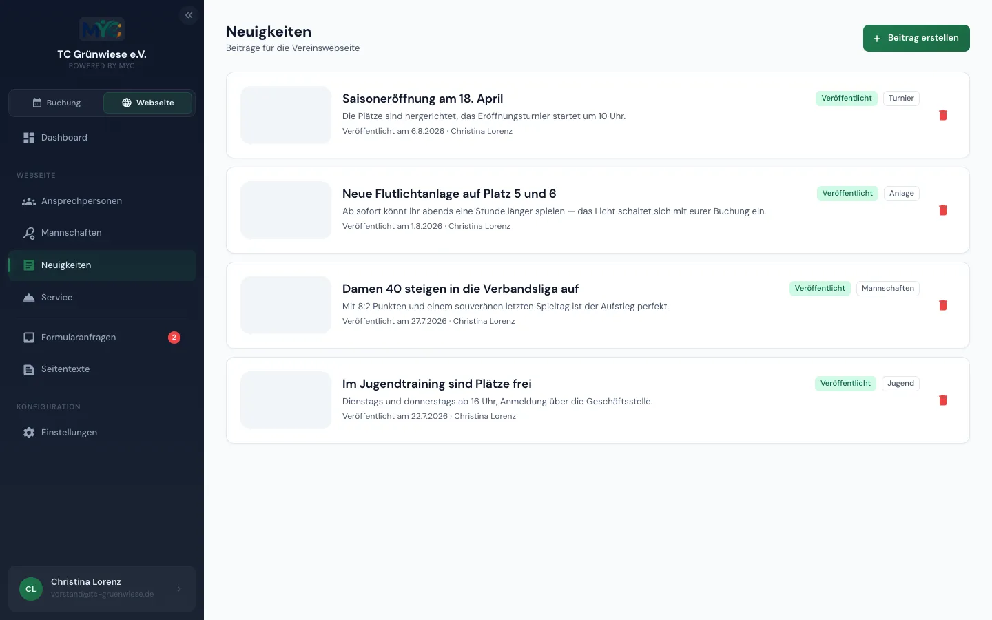 Redaktion der Neuigkeiten im MYC-Manager