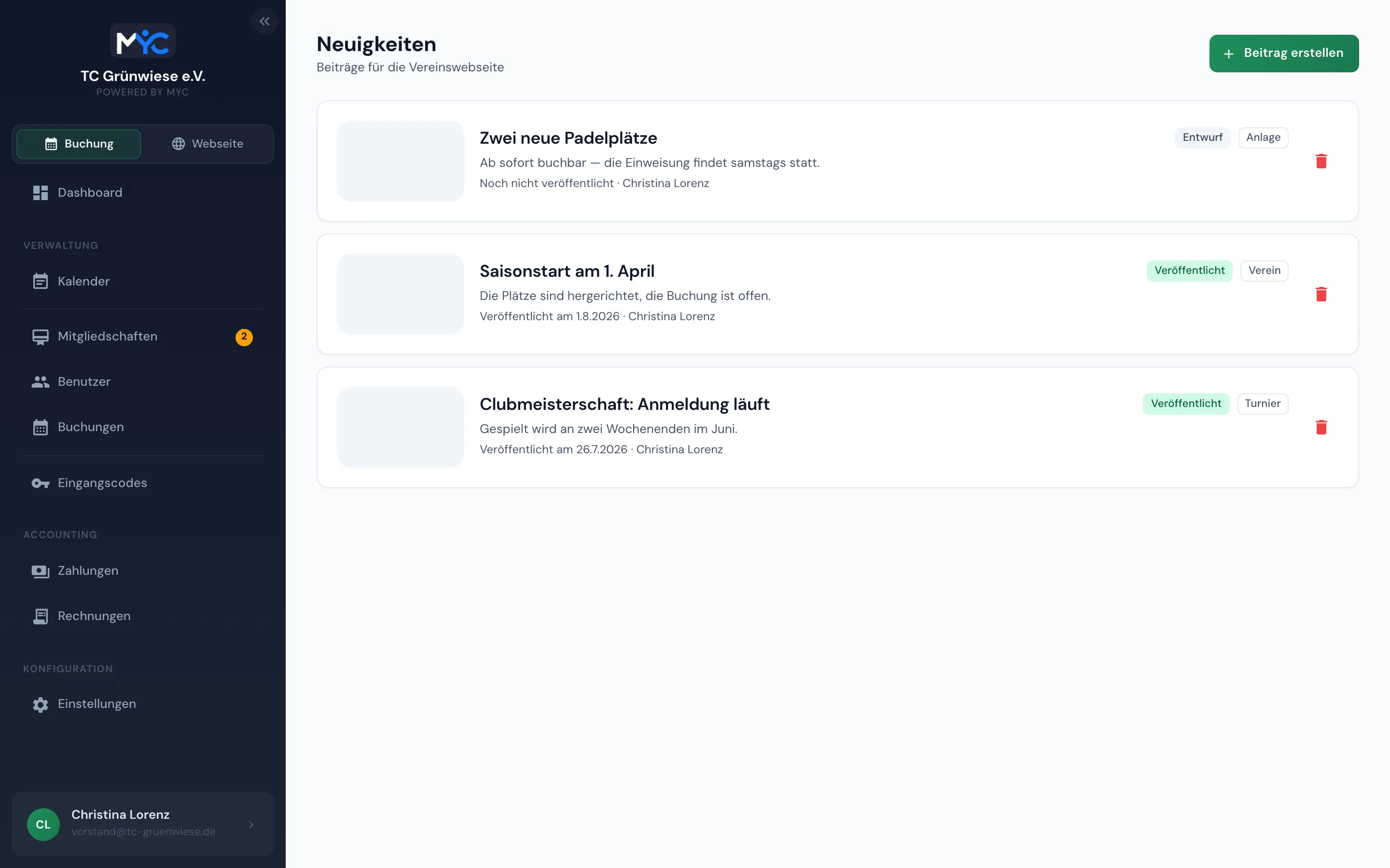 Redaktion der Neuigkeiten im MYC-Manager